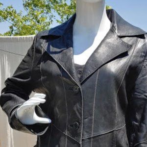 Guess - Long Black Leather Button Down Coat